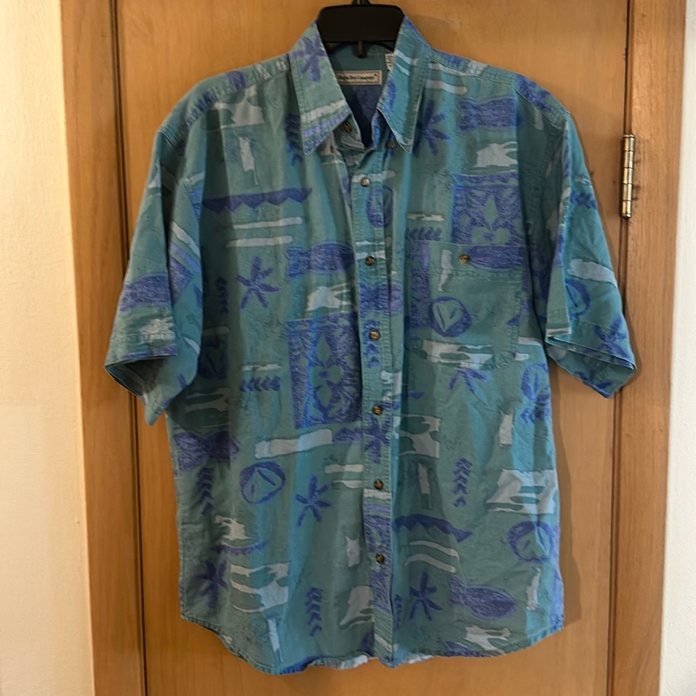 Bugle Boy Company Men’s Vintage Hawaiian Button Down Shirt Teal Blue Size Large